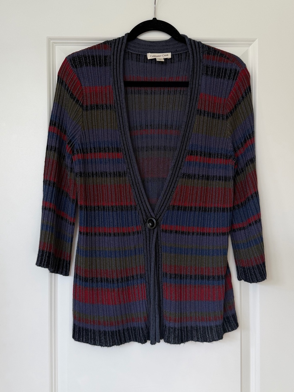 Coldwater Creek Women's Striped Ribbed Cardigan - Navy, Burgundy, Olive